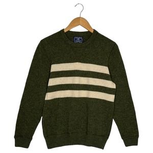 Lucky Brand Mens M Lambs Wool Pullover Stripe Long Sleeve Round Neck Green